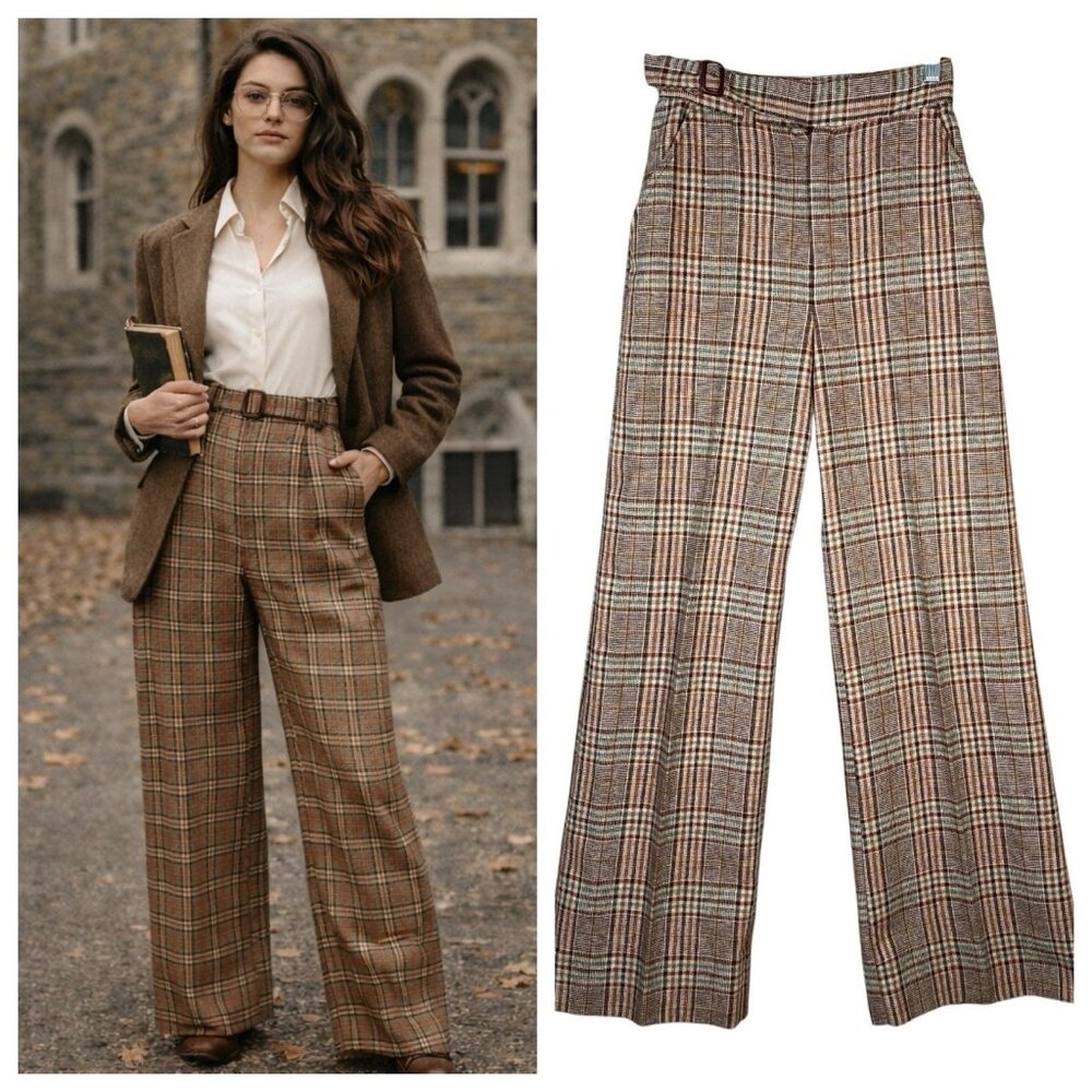 Vintage 70s Hunters Run Pants Size 7/8 Plaid Tweed Trouser High Waist Academia